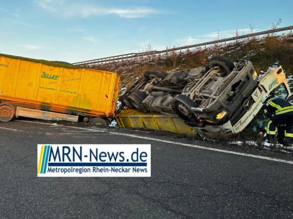 Ludwigshafen – NACHTRAG:  Spektakulärer  LKW Unfall auf der #B9 – Abfahrt weiterhin gesperrt