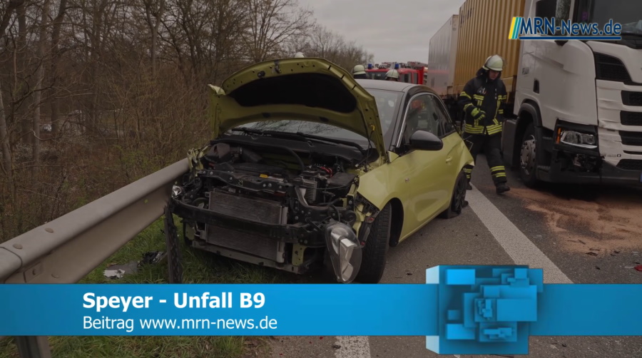 Speyer – VIDEO – 23-jährige bei Unfall mit LKW auf B9 verletzt – Rettungshubschrauber im Einsatz