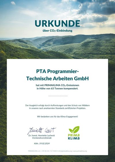 Mannheim – PTA IT-Beratung erhält Siegel „Klimaneutral durch Kompensation“ von PRIMAKLIMA(Werbung)