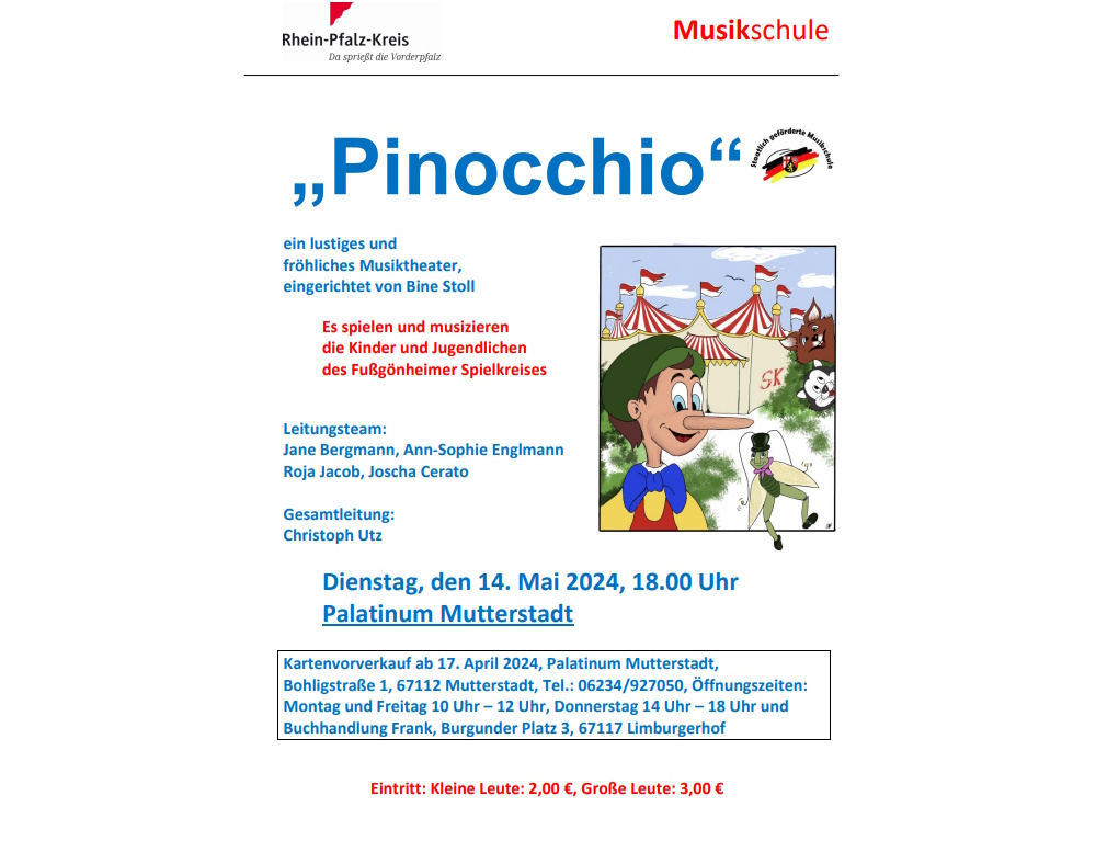 Rhein-Pfalz-Kreis – Fußgönheimer Spielkreis präsentiert Musiktheater „Pinocchio“