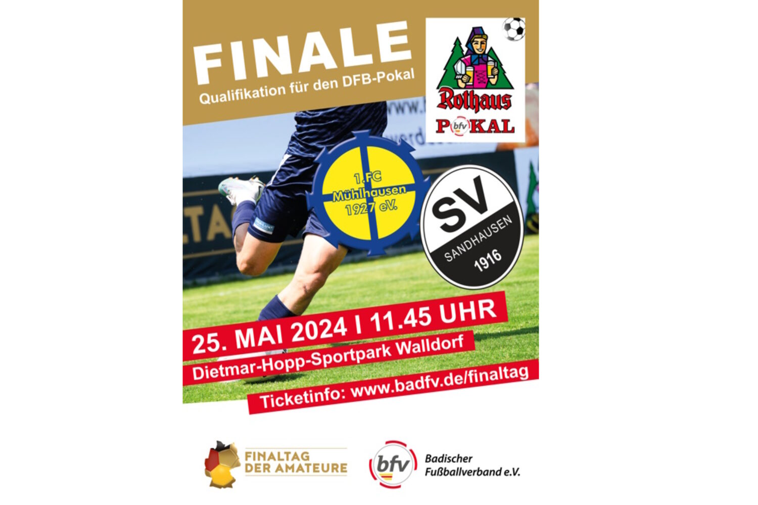 Walldorf –   Finale bfv-Rothaus-Pokal zwischen Mühlhausen und Sandhausen am 25. Mai  – Tickets ab sofort erhältlich