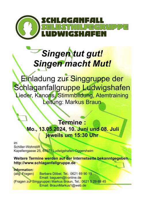 Ludwigshafen – Singen tut  gut, singen macht Mut! – Einladung zur Singgruppe der Schlaganfallhilfe Ludwigshafen