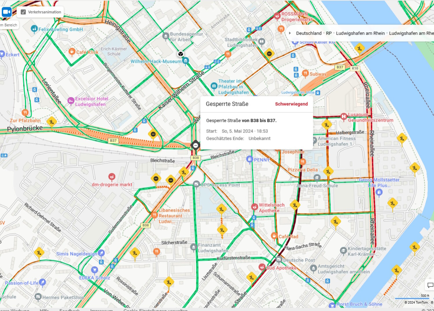 Ludwigshafen – Google meldet Verkehr nach Mannheim mit Status “schwerwiegend”