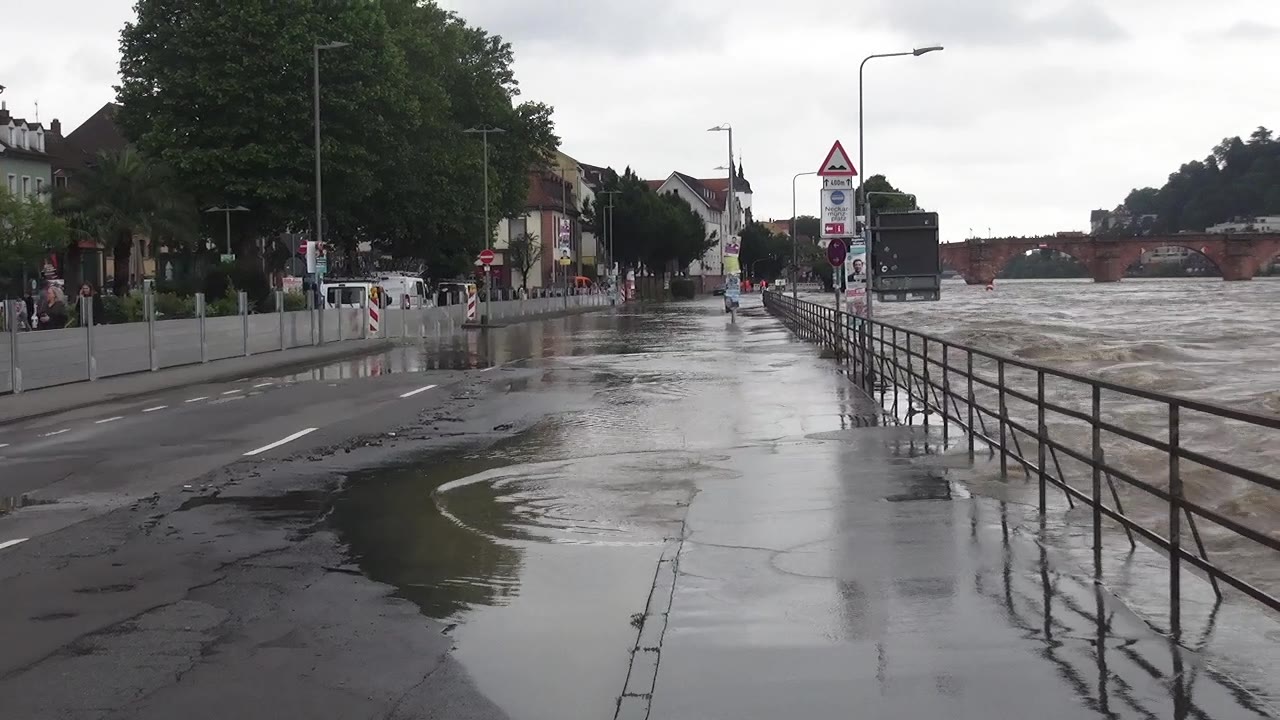 Hochwasser in Heidelberg: Neckarpegel steigt weiter an, Scheitelpunkt in der Nacht auf Montag erwartet – Prognose geht von etwas über 5 Metern aus – B37 in der Altstadt gesperrt